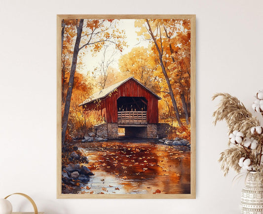 Affiche Pont Couvert d'Indiana – Impression Aquarelle Paysage Automnal