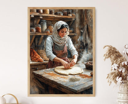 Affiche Art de la Fabrication du Pain Palestinien – Scène Rustique de Cuisine