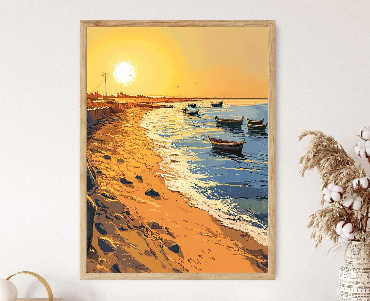 Affiche Coucher de Soleil Rafah – Poster Plage Dorée et Bateaux