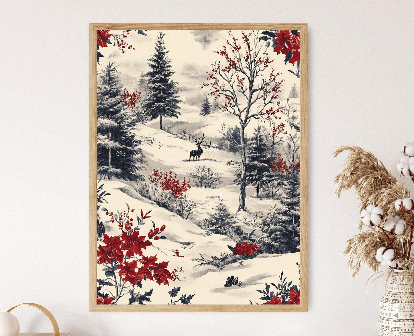 Affiche Toile de Jouy – Poster Vintage Scène Hivernale et Fleurs