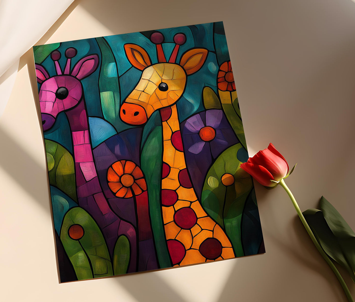 Affiche Giraffe Tinga Tinga – Poster Art des Animaux de Tanzanie