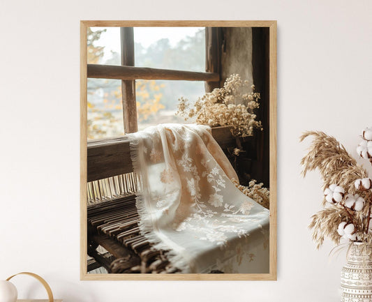 Affiche Art en Tissu Jamdani – Poster Floral Sari Traditionnel