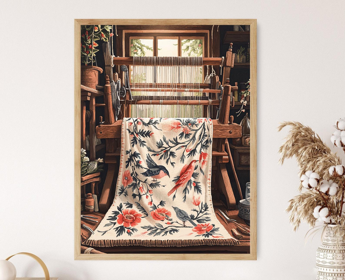 Affiche Nakshi Kantha du Bangladesh – Poster Art avec Motif Oiseau et Vigne