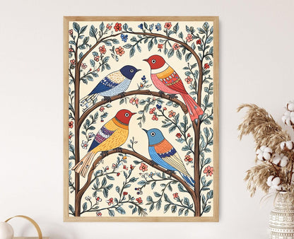 Affiche Oiseaux Mithila – Poster Art Populaire Indienne Colorée