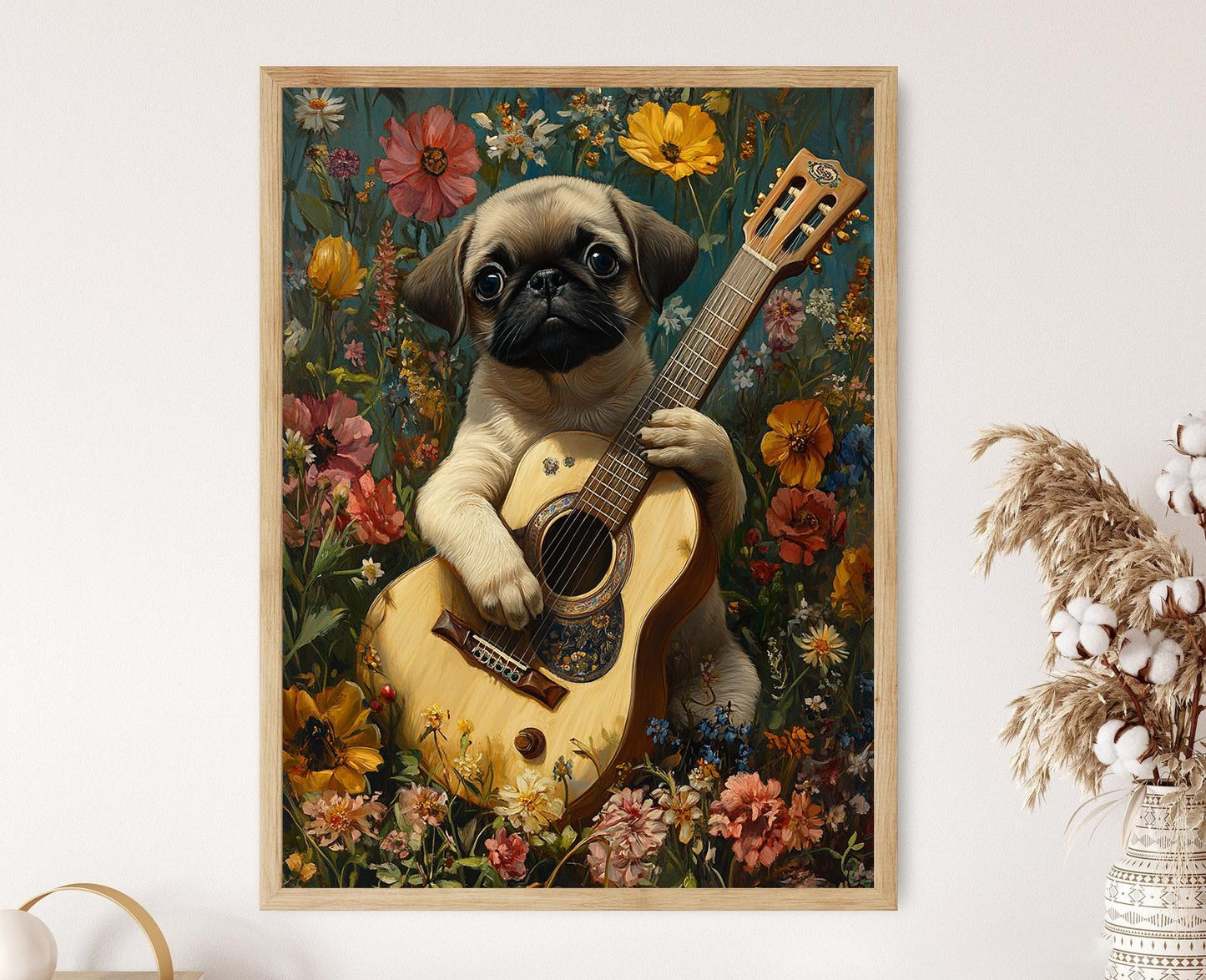 Affiche Chien Carlin Jouant de la Guitare – Poster Humoristique