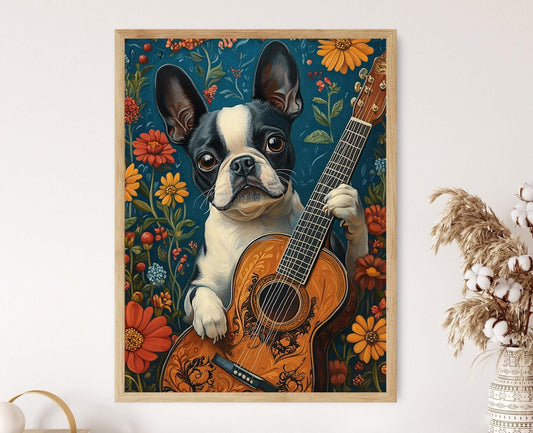 Affiche Boston Terrier Jouant de la Guitare – Poster Animaux Amusants
