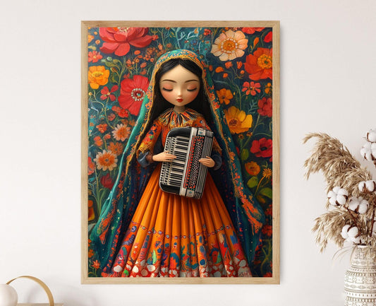 Affiche Fille Kurde avec Accordéon – Poster Art Populaire Traditionnel