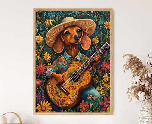 Affiche Teckel Joue de la Guitare – Poster Animaux Drôles en Édition Fine