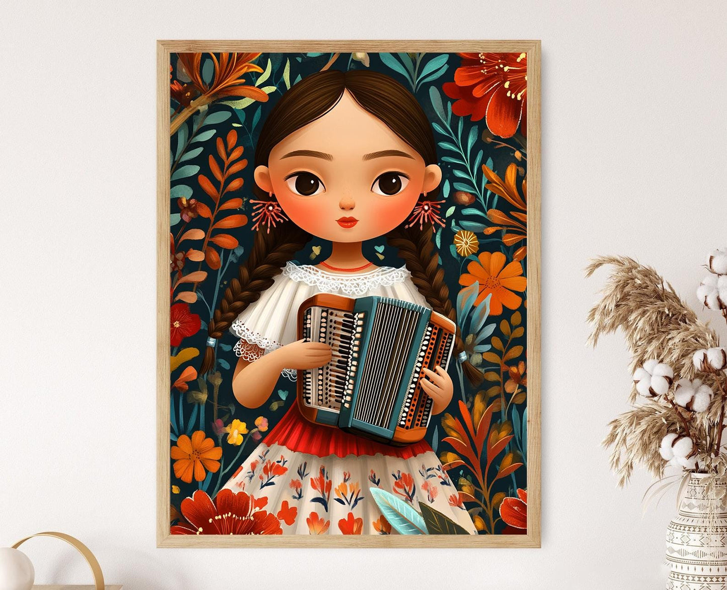 Affiche Muñeca Costaricaine avec Accordéon – Poster Floral Traditionnel