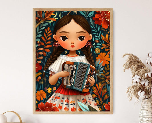 Affiche Muñeca Costaricaine avec Accordéon – Poster Floral Traditionnel