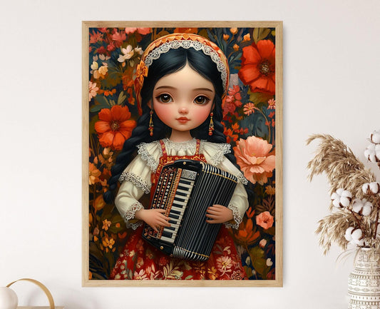 Affiche Fille Arménienne avec Accordéon – Poster Art Populaire Traditionnel