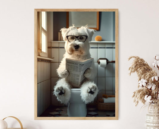 Affiche Chien Lisant le Journal – Poster Humoristique pour Salle de Bain