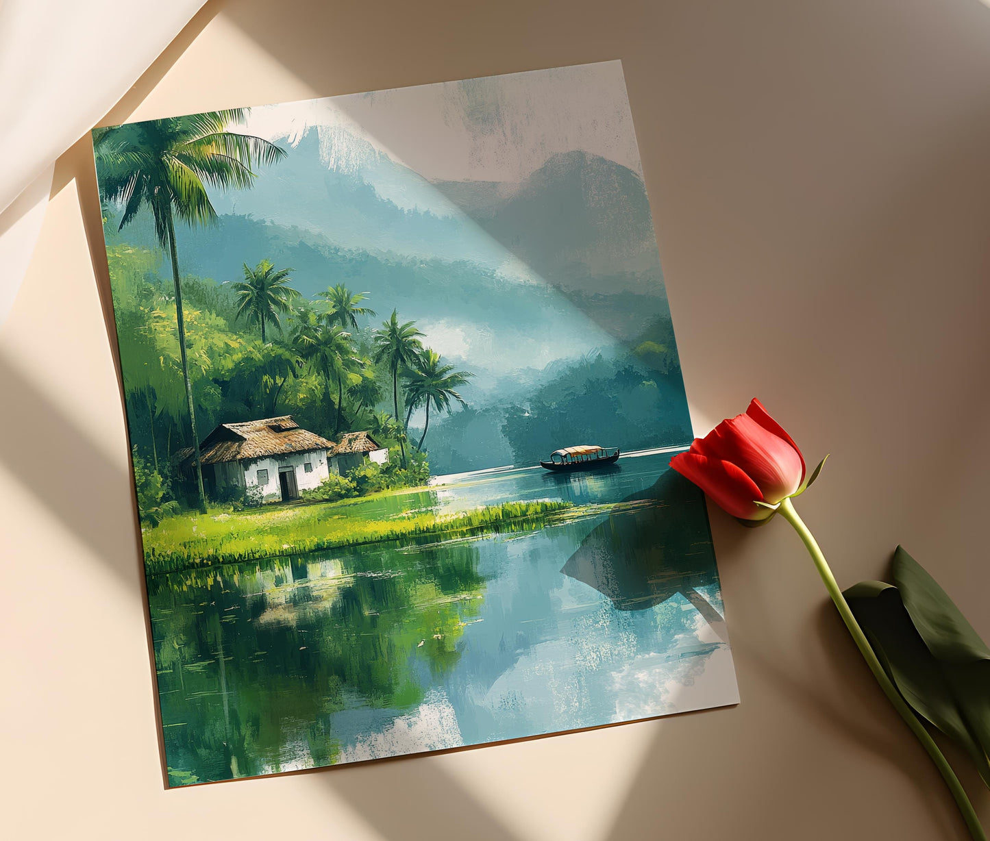 Affiche Kerala – Poster Art du Village, Rivières et Champs de Riz