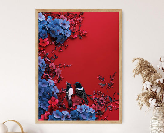 Affiche Oiseaux Pie - Illustration Rouge et Bleue, Cadeau pour Amoureux de la Nature