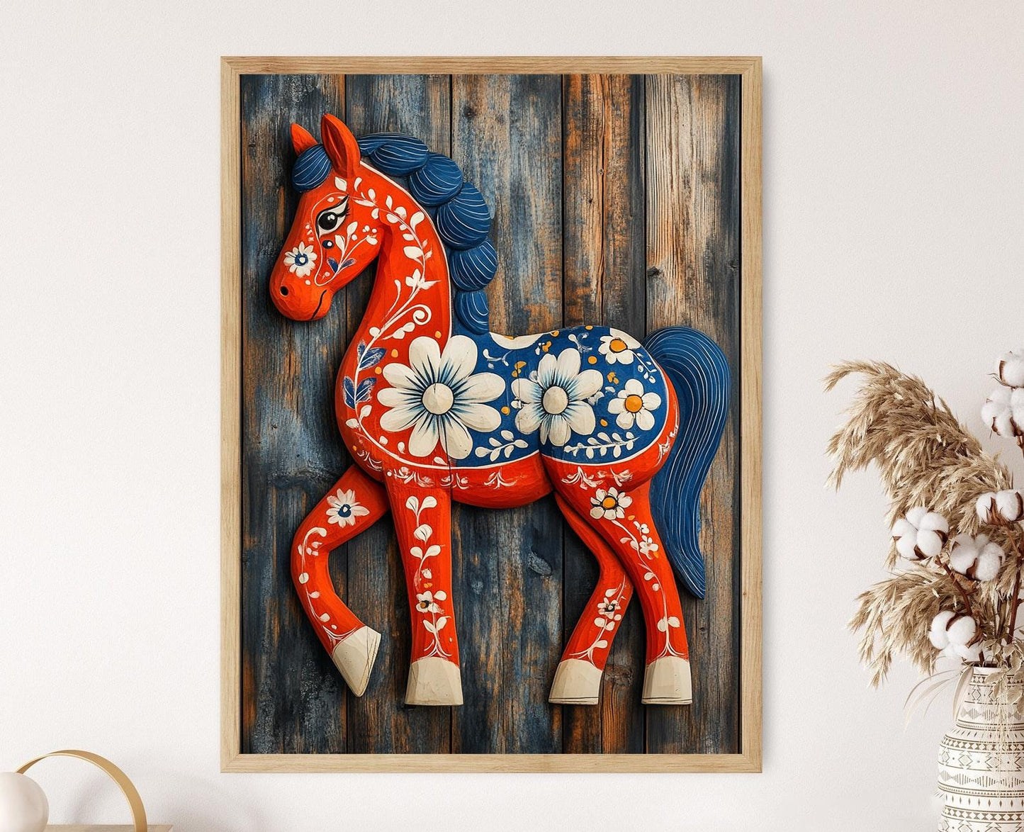 Affiche Cheval Dala Suédois – Poster Art Populaire Scandinave, Décor Floral Éclatant