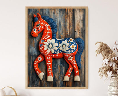 Affiche Cheval Dala Suédois – Poster Art Populaire Scandinave, Décor Floral Éclatant