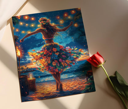 Affiche Danseuse Hula – Impression Art déco vibrante pour plage hawaïenne