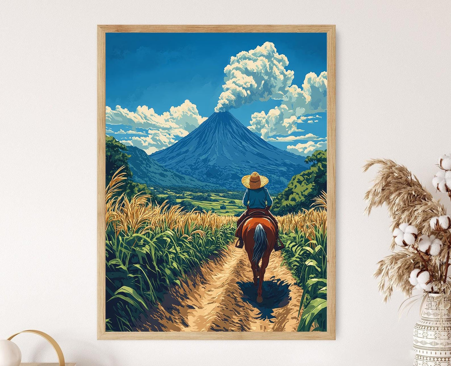 Affiche Fermier Nicaraguayen à Cheval – Art Imprimé Volcan & Canne à Sucre