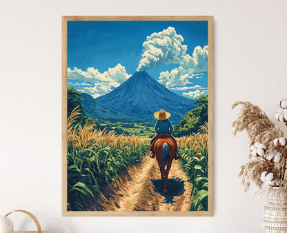 Affiche Fermier Nicaraguayen à Cheval – Art Imprimé Volcan & Canne à Sucre