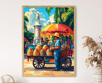 Affiche Marché de Managua – Illustration de jouets en bois et chapeaux tressés