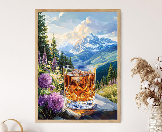 Affiche Schnaps Autrichien – Poster en verre cristal et fleurs alpines