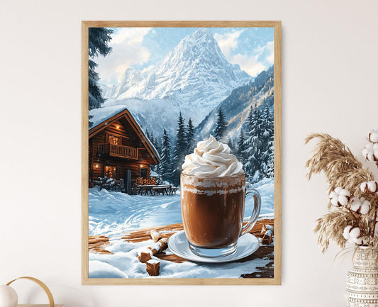 Affiche Chocolat Chaud Suisse – Poster Crème Fouettée et Paysage Alpin