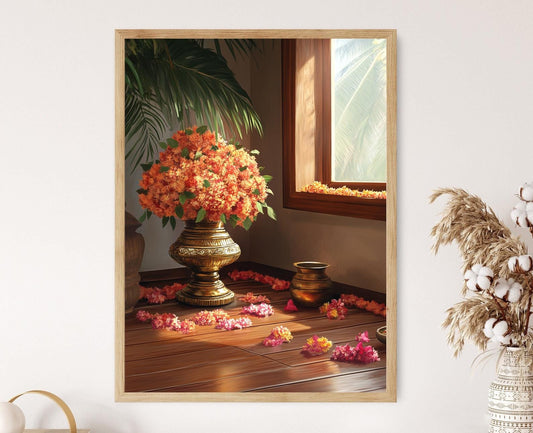 Affiche Art Uruli du Kerala – Poster Décor Floral et Bol en Laiton