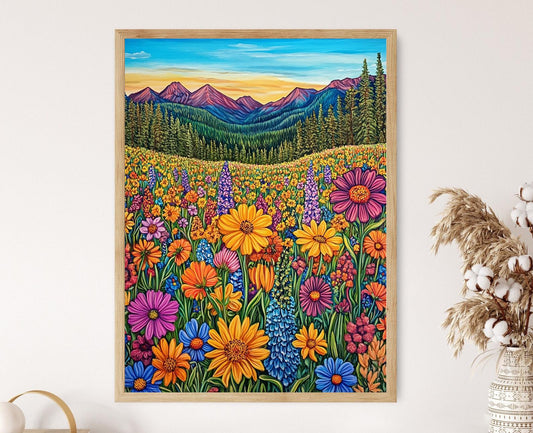 Affiche Champ de Fleurs Sauvages du Colorado – Art des Montagnes d'Été