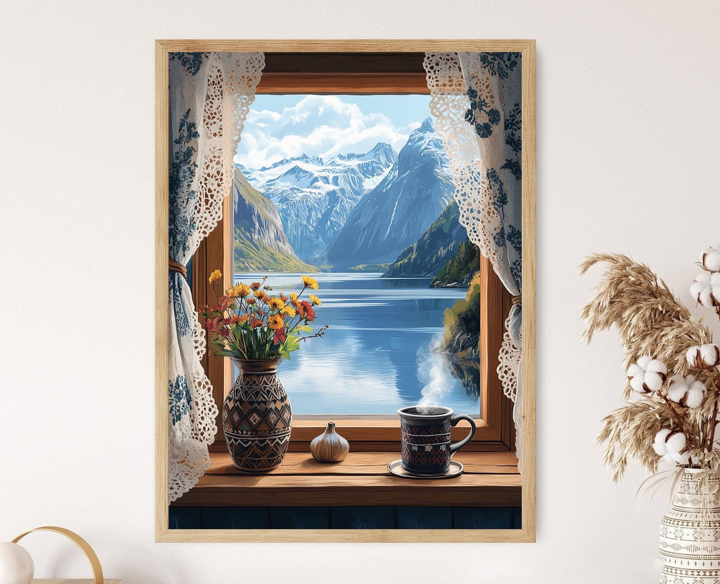 Affiche Paysage de Fjord – Poster Vue de Fenêtre Hardanger et Dentelle