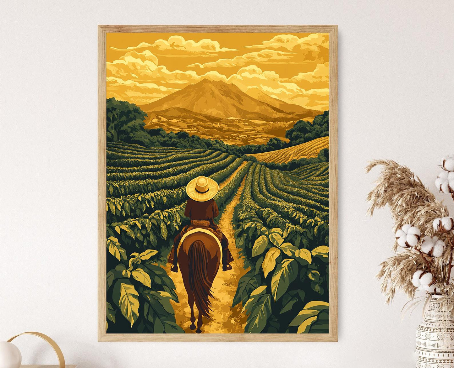 Affiche Fermier Colombien à Cheval – Art de Café en Plantation Rurale