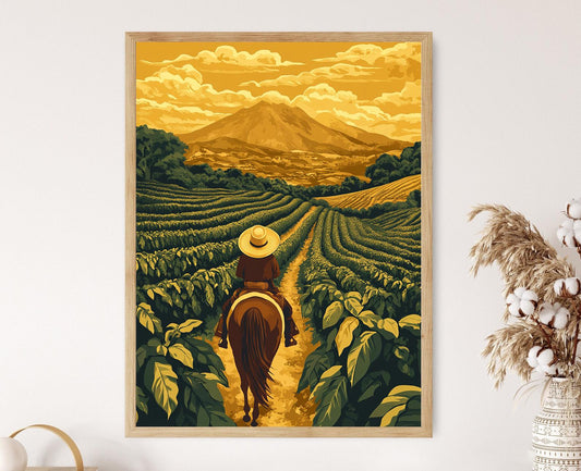 Affiche Fermier Colombien à Cheval – Art de Café en Plantation Rurale
