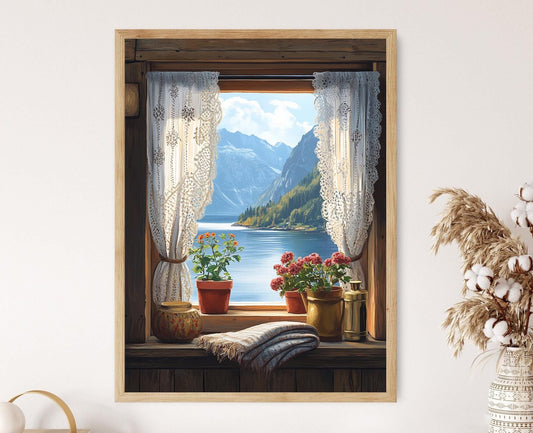 Affiche Art de Rideau en Dentelle Hardanger – Poster Cottage Norvégien