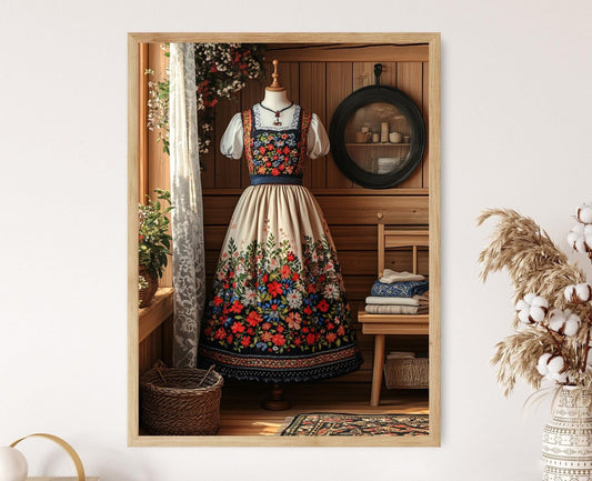 Affiche Mode Suédoise – Illustration de Robe Folk et Broderie Hallandssöm