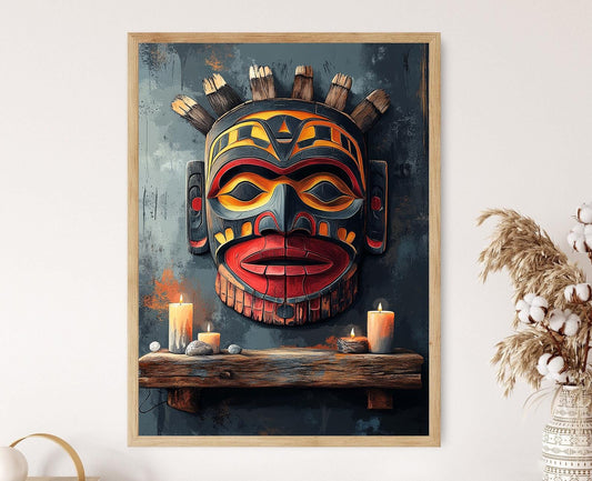 Affiche Masque Solaire Haida – Illustration en Bois Rayonnante