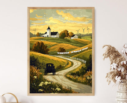 Affiche Campagne Amish – Illustration de Buggy à Cheval et Ferme Rurale