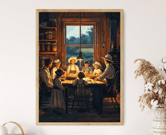 Affiche Dîner en Famille Amish – Illustration Scène Traditionnelle Rustique