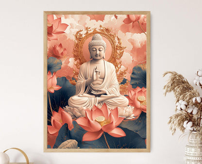 Affiche Bouddha – Poster Art avec Fleurs de Lotus et Ciel Apaisant