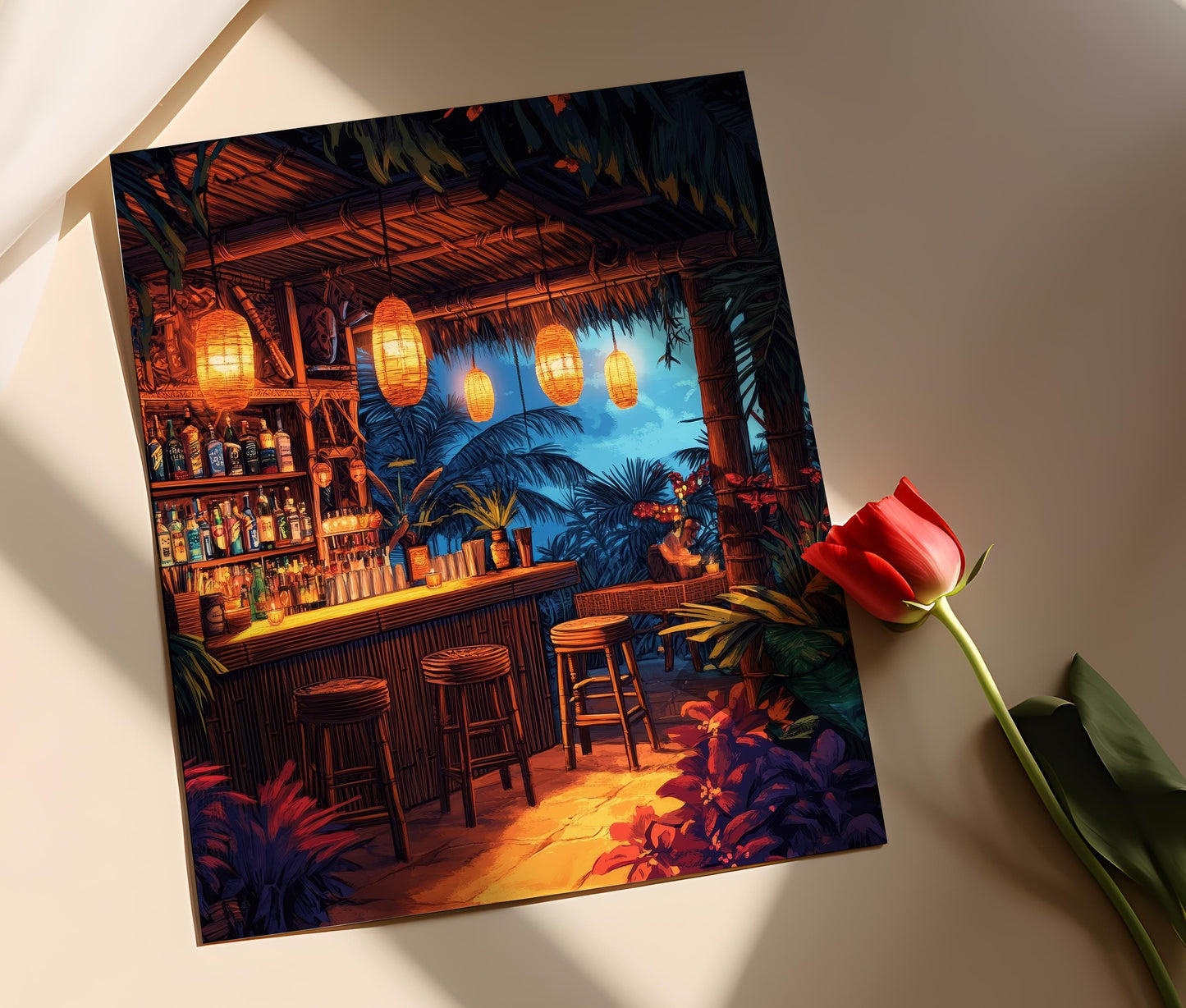 Affiche Tiki Bar Hawaii – Art mural avec meubles en bambou et cocktails tropicaux