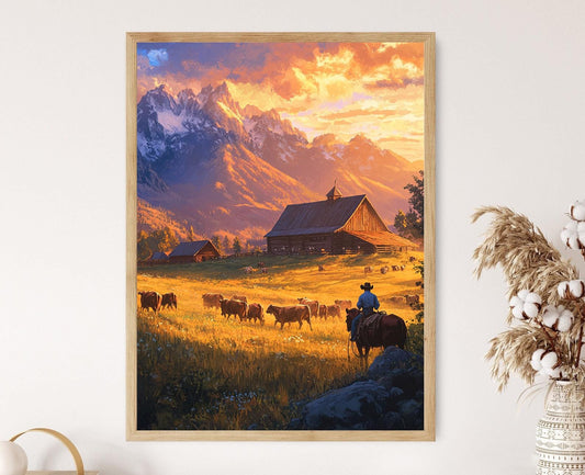 Affiche Lever de Soleil Montana – Illustration Cowboys et Bétail