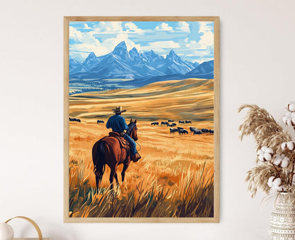 Affiche Cowboy du Montana – Illustration Équestre Prairie, Décor Western