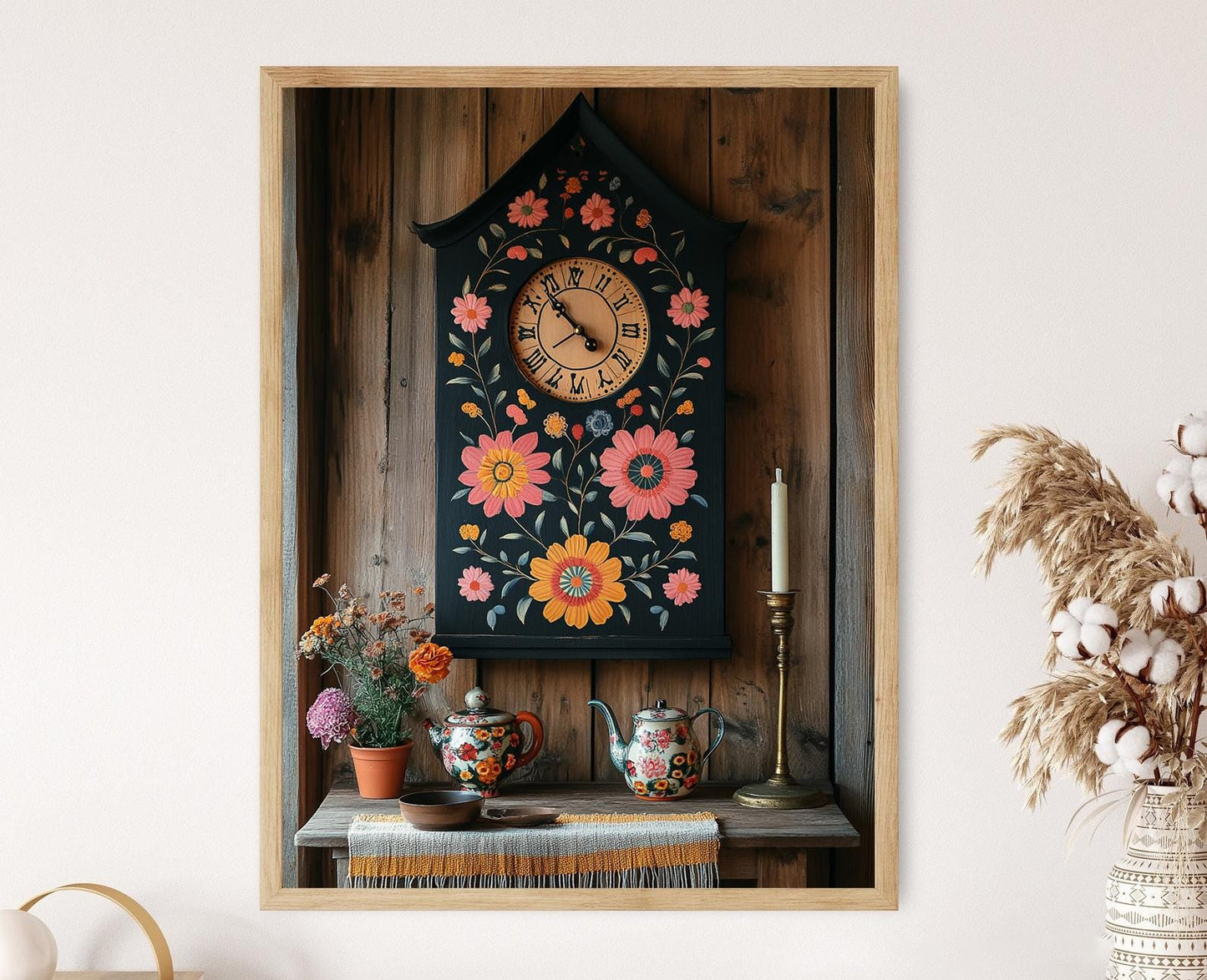 Affiche Horloge en Bois – Poster Illustration Art Populaire Estonien