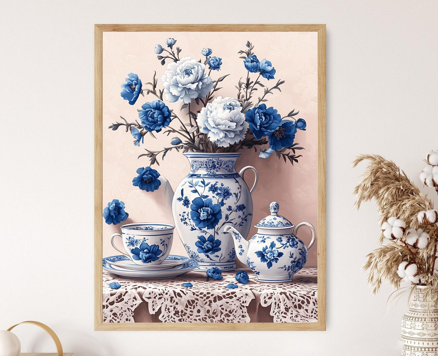 Affiche Gzhel Russe – Illustration en Porcelaine, Art Floral Bleu
