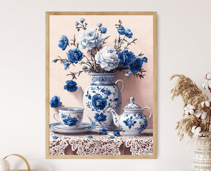 Affiche Gzhel Russe – Illustration en Porcelaine, Art Floral Bleu