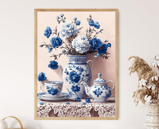 Affiche Gzhel Russe – Illustration en Porcelaine, Art Floral Bleu