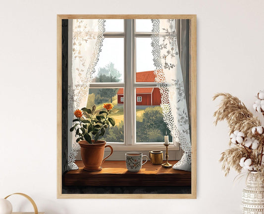 Affiche Cottage Danois – Poster Illustration de Rideau Brodé Traditionnel