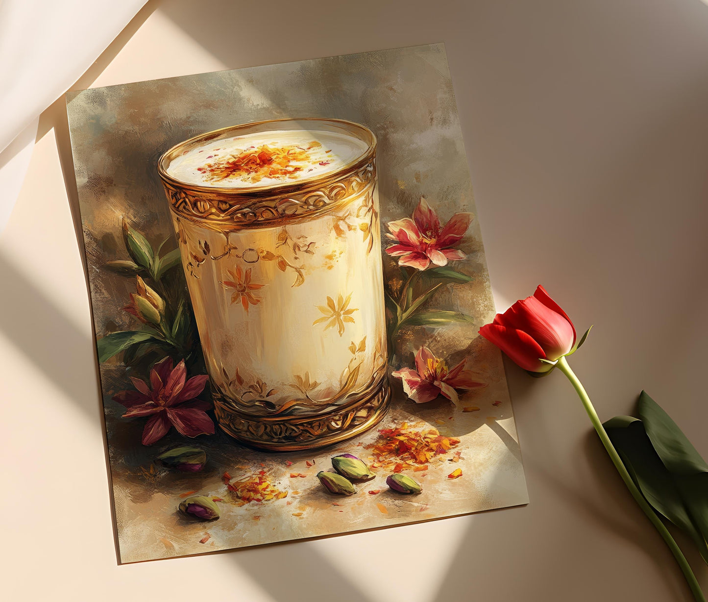 Affiche Kesar Doodh – Impression art de verre en laiton avec motifs floraux et pistaches