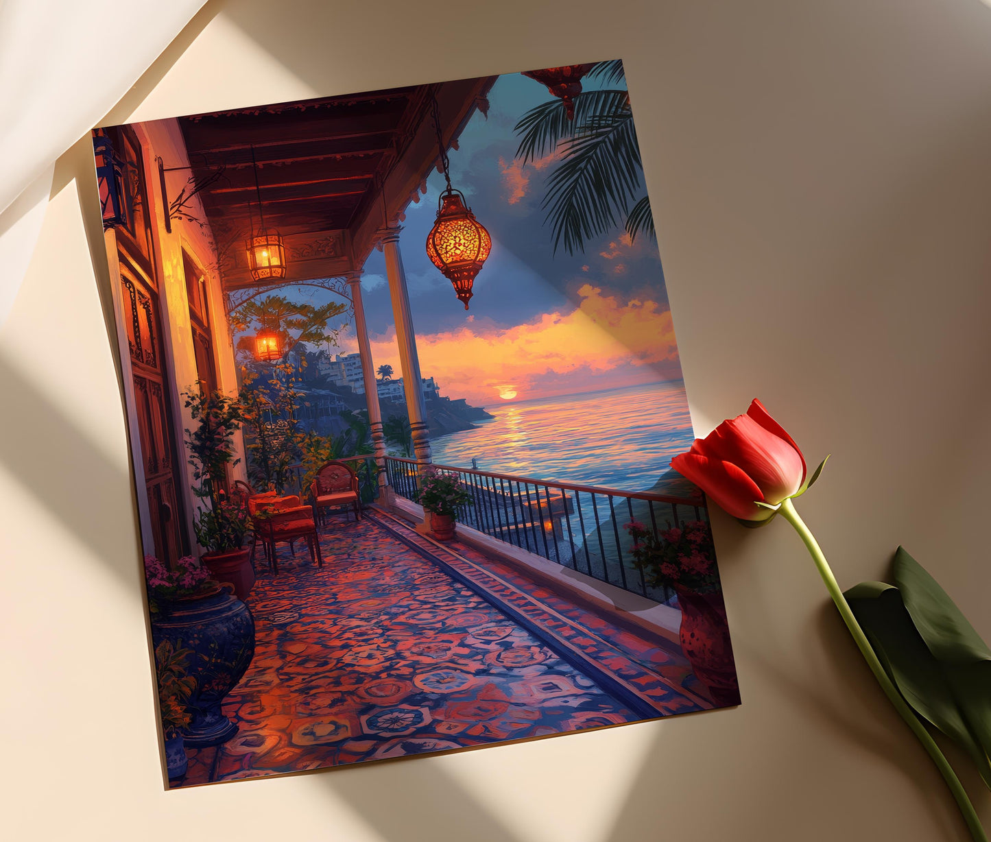 Affiche Mumbai Terrasse – Poster Art Côtière Indienne avec Lanternes