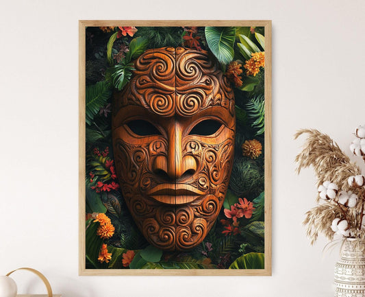 Affiche Masque Maori – Poster Art Koru et Héritage Floral de Nouvelle-Zélande