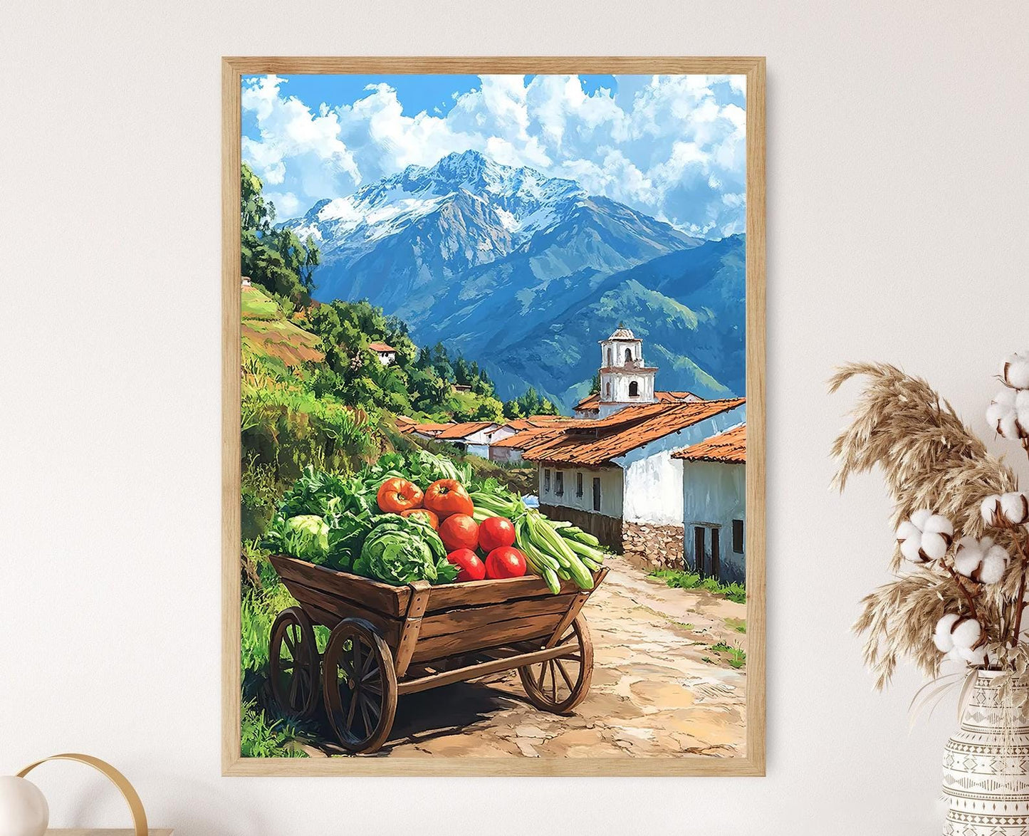 Affiche Scène de Ferme Équatorienne – Impression Art de Charette en Bois