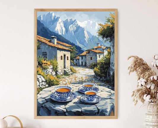 Affiche Art du Service de Thé Albanais – Poster Décor du Village Montagnard